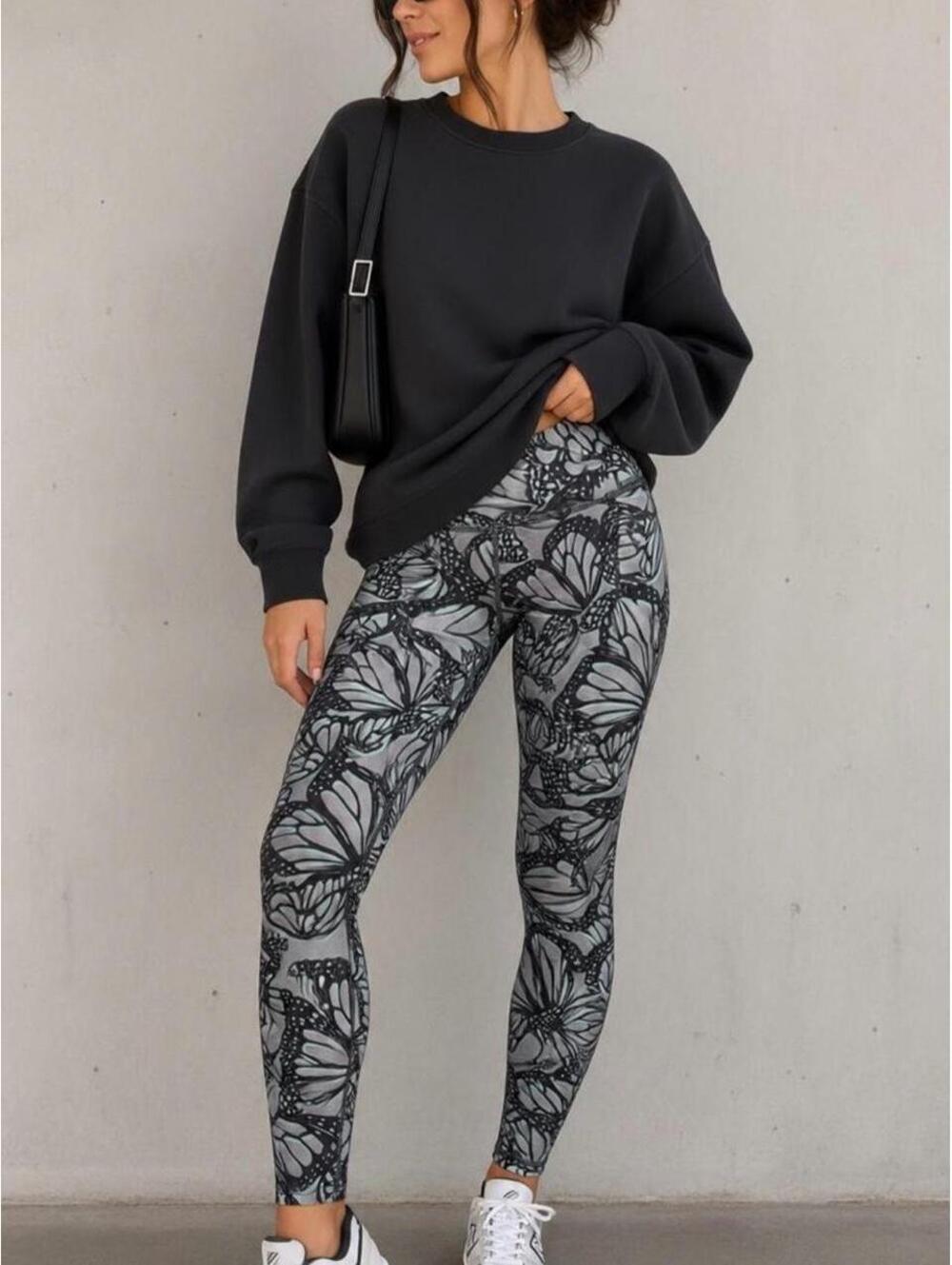 Danskin Butterfly Print Leggings L Gray Aqua Y2K Activewear